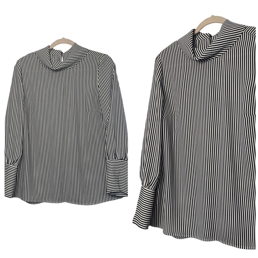 Chico's Womens Size 0 Black White Stripe Collar Casual Pullover Blouse Top 17x27